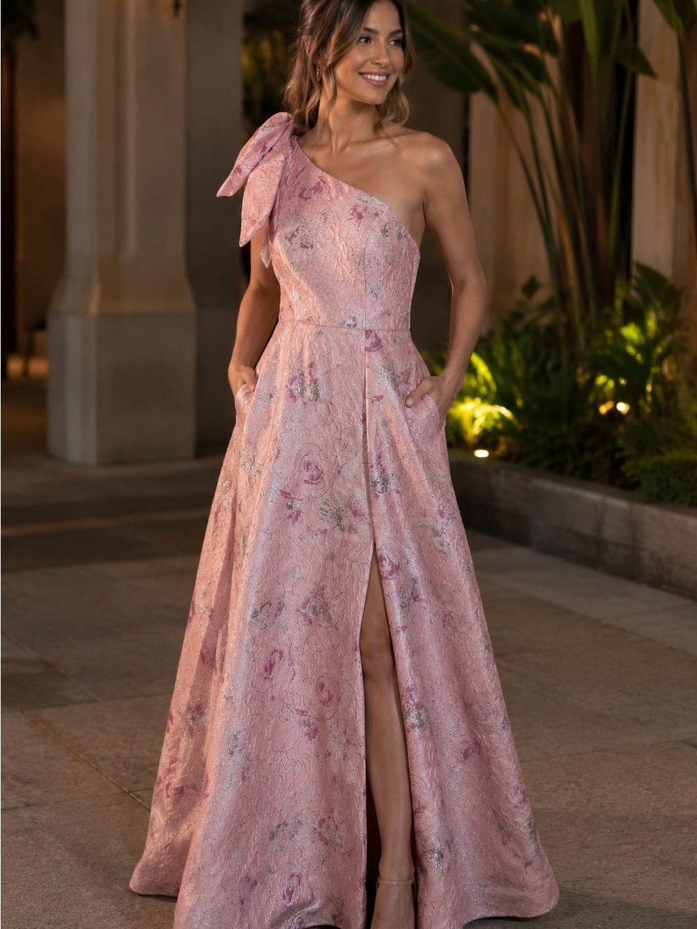 AZAZIE A14 Pink One-Shoulder Bow Floral Jacquard Formal Maxi Gown Pockets Slit